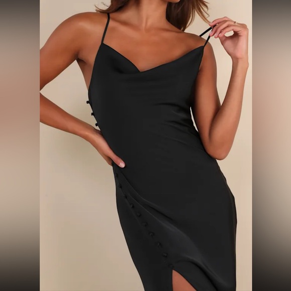 Lulus Truly A Beauty Black Satin Cowl Neck Side Button Maxi Dress M Medium - Picture 5 of 7